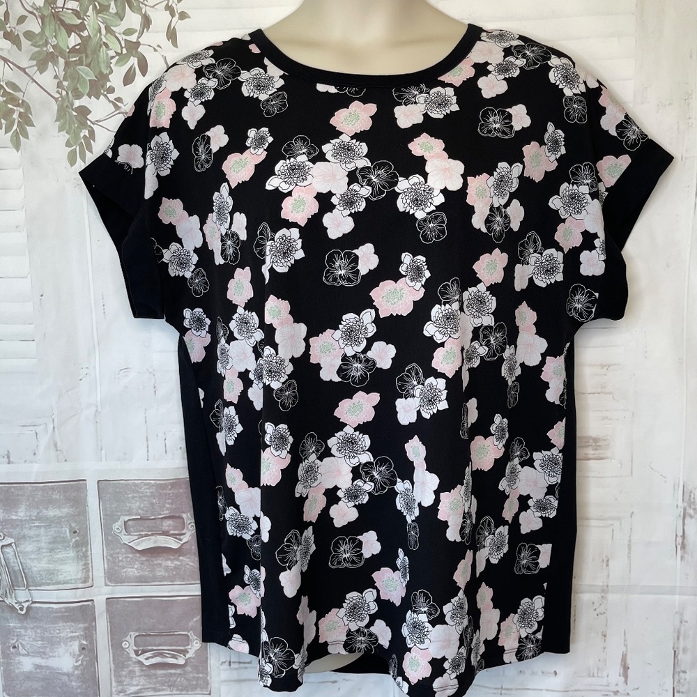 Lane Bryant Womens Black Floral Soft Short Dolman Sleeve Top Shirt Sz 14 16 NEW